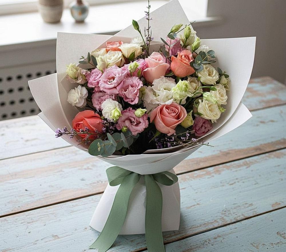 Букет цветов из: Розы, Лизиантусы и Гвоздики в Пушкино