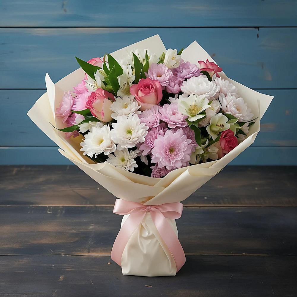 Букет цветов из: Хризантемы, Альстромерии и Розы в Пушкино